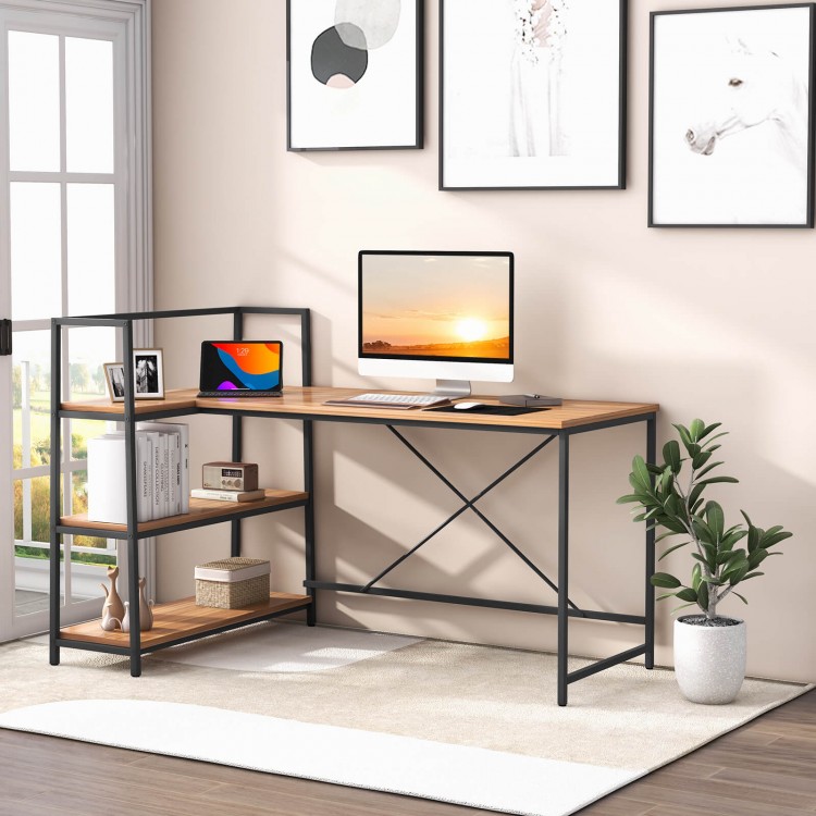 Reversible L-shaped computer corner workstation in walnut with 3-tier open shelf for home office organization.